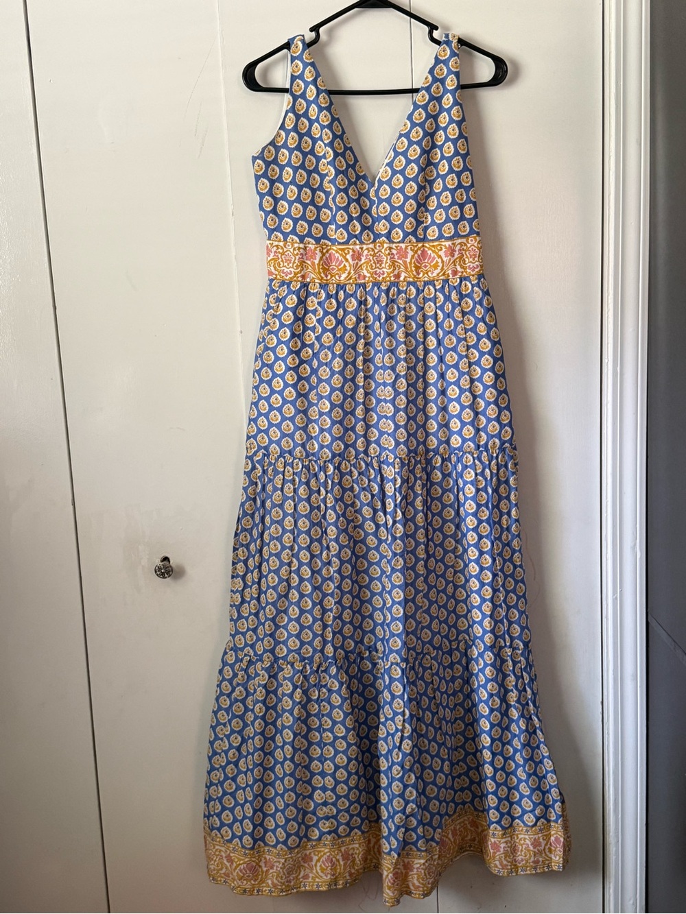 Point Sur (J. Crew) block print tiered maxi dress blue white yellow womens 4 - Picture 5 of 15